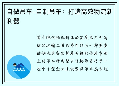 自做吊车-自制吊车：打造高效物流新利器